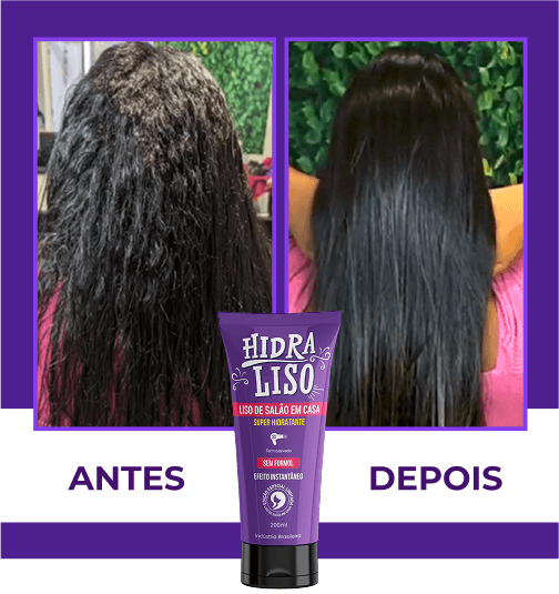 Resultado de antes e depois de mulher com cabelo ondulado e volumoso que ficou com cabelo liso, brilhante e sem frizz após usar o Hidraliso.