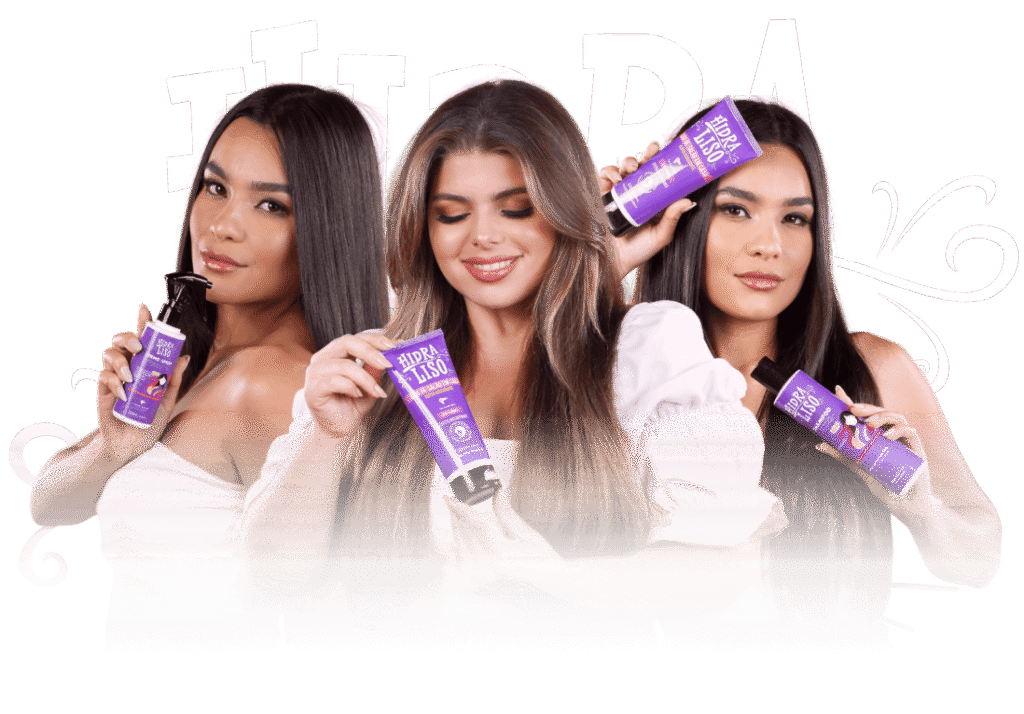 Frasco do Hidraliso Alisamento de Chuveiro original mostrando as modelos com o produto de embalagem rosa e as instruções de uso para alisar o cabelo no chuveiro.